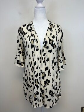 Tickled Teal Black Off White Khaki Leopard Print Open Front Cardigan Size S